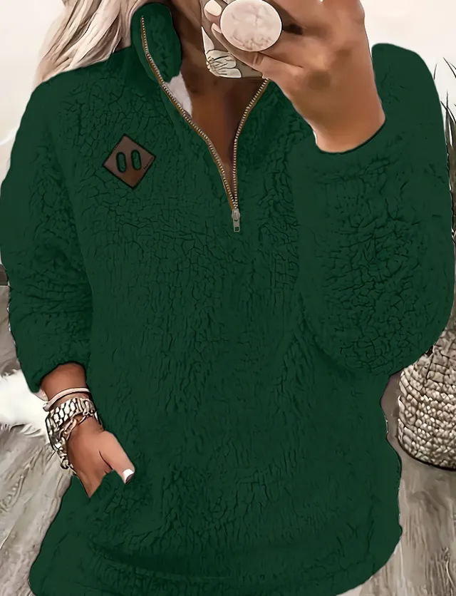 Solid Color Plush Half Zipper Pocket Pullover Sweater Top Women Dark Green - Shop at LoveMi