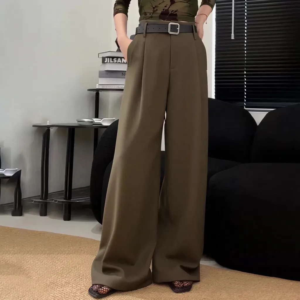 White High-waist Trousers Fashion Loose Casual Pants - Brown