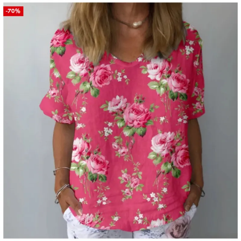 Women's Casual V-neck Printed Short Sleeves - Tx2 Style 40-L