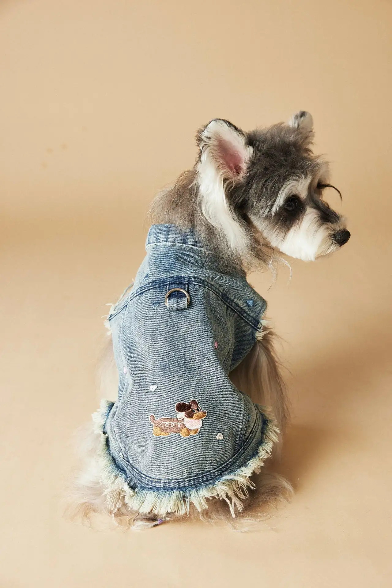 Embroidered Raw Edge Denim Vest Maltese Schnauzer Teddy Sleeveless Vest