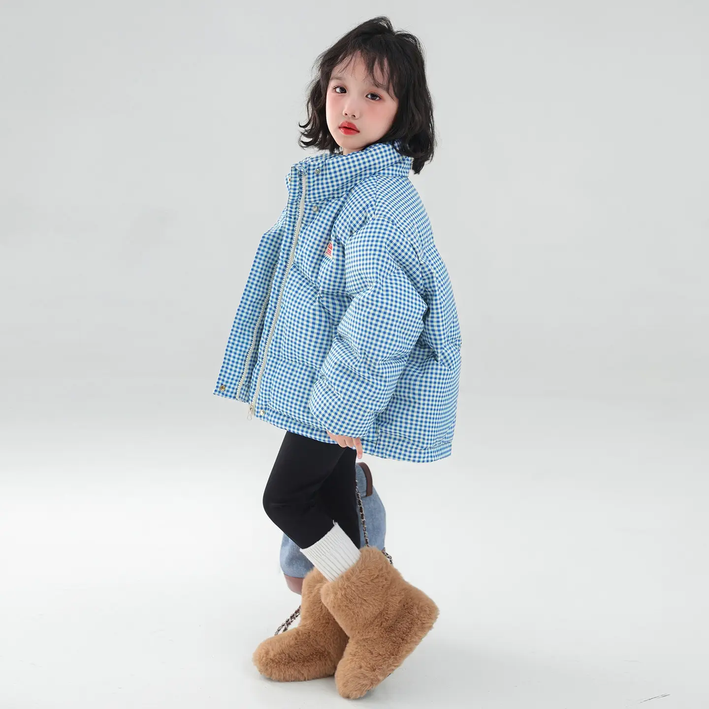 Contrast Color Blue Plaid Hooded Cotton Coat Jacket