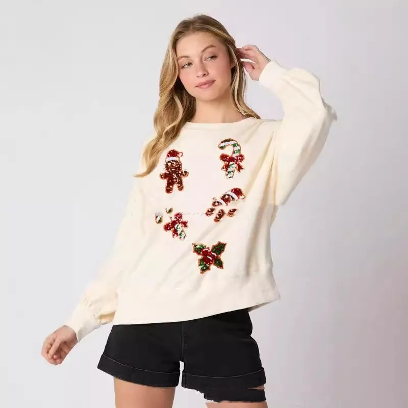 Sequined Casual Sweatshirt Long-sleeved Top For Women - White