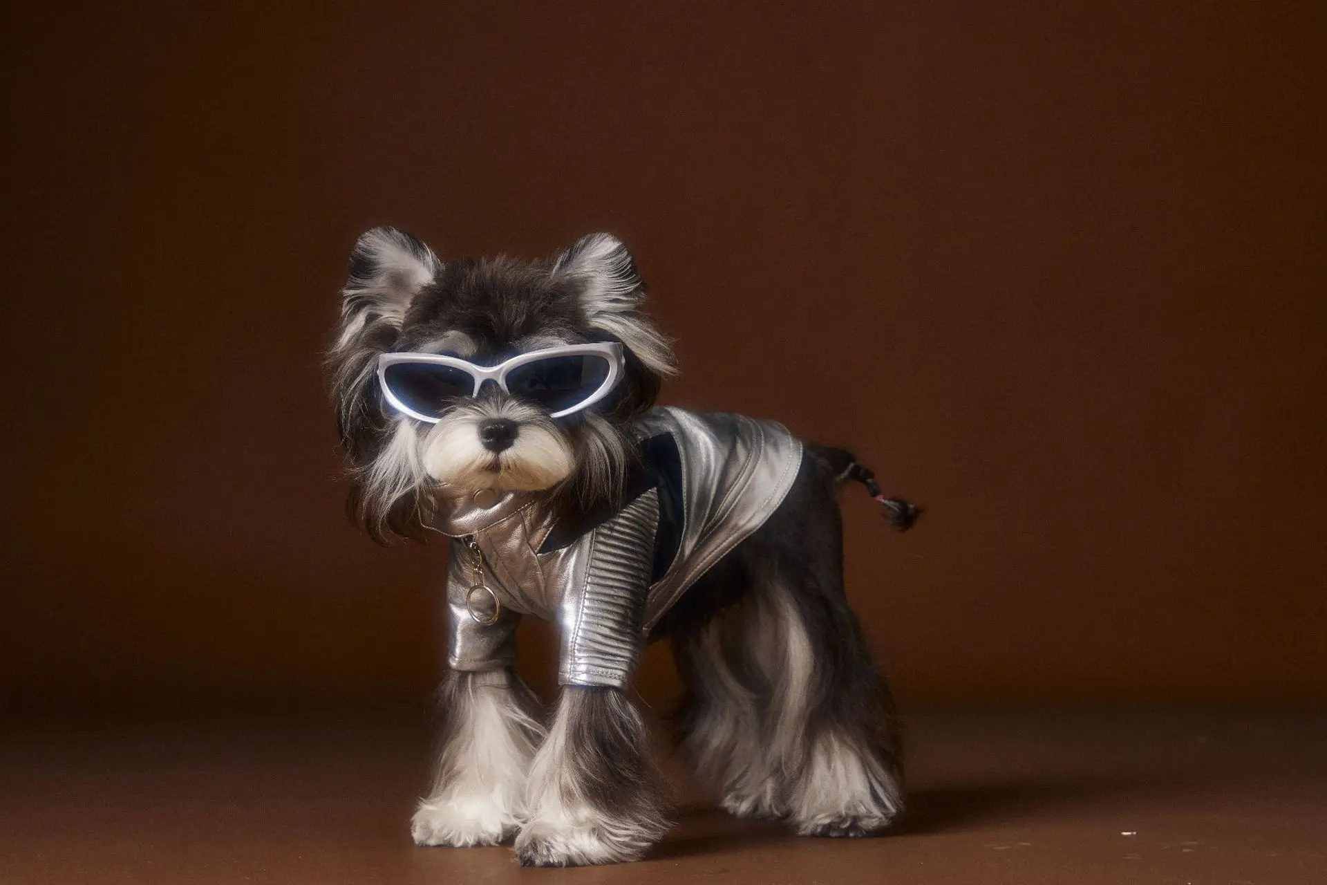 Teddy Schnauzer Bichon Handsome Distressed Silver Leather Coat