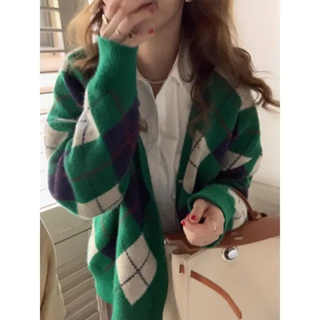 Internet Hot Sweater Women's Retro Diamond Sweater Green Plaid - Shop at LoveMi