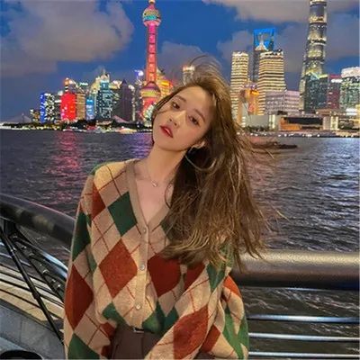 Internet Hot Sweater Women's Retro Diamond Sweater Khaki Plaid - Shop at LoveMi