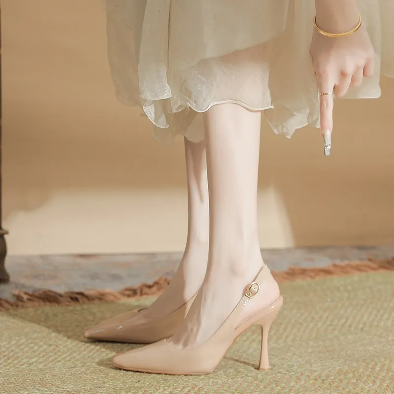 Women's Pointed Toe Korean Style Patent Leather High Heels - Nude