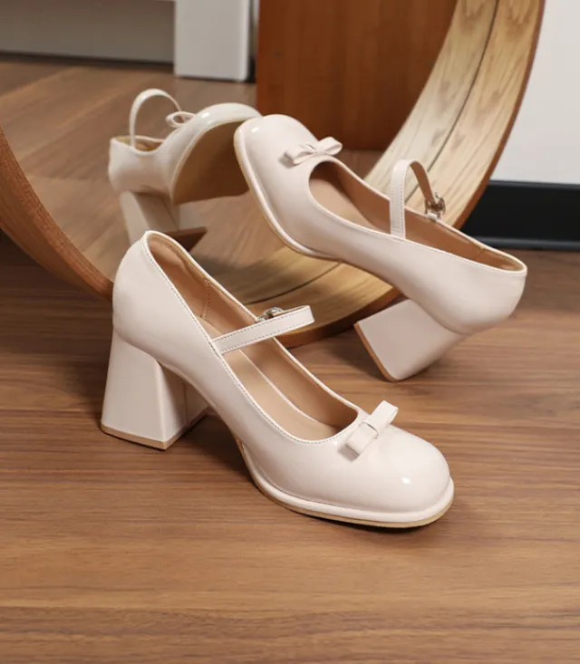 Chunky Heel Round Toe Large Size Wide Feet Mary Jane Shoes Women Apricot - Shop at LoveMi