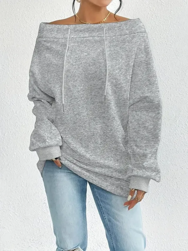 Women's Loose Casual Drawstring Off the shoulder Off shoulder Top Light Grey - Shop at LoveMi