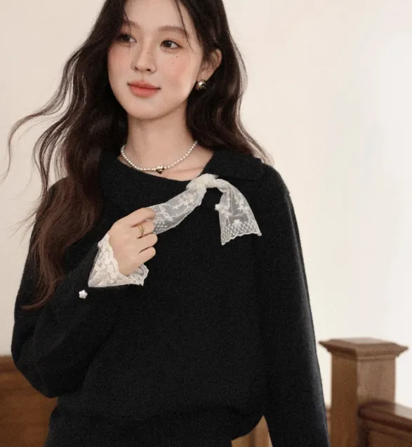 New Lace Long-sleeved Sweater For Women - Black