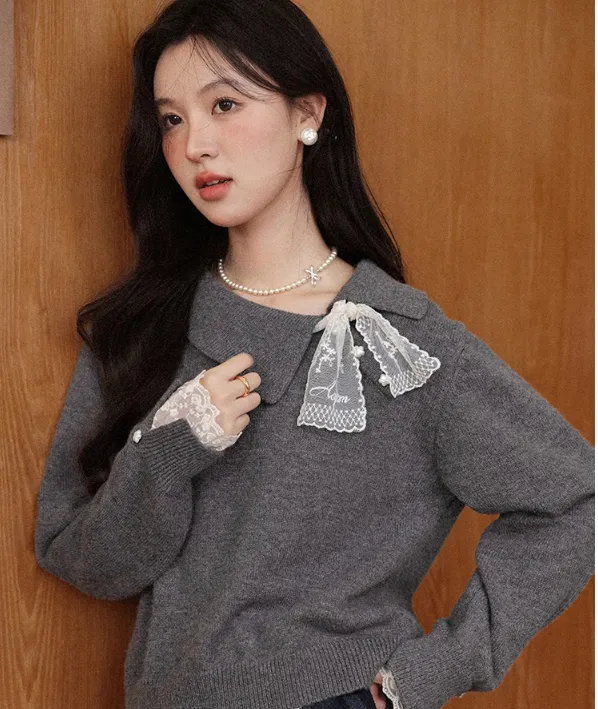 New Lace Long sleeved Sweater For Women Gray - Shop at LoveMi