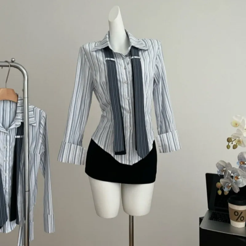 Preppy Style Double Tie Bell Sleeve Lapel Shirt - Blue Stripes