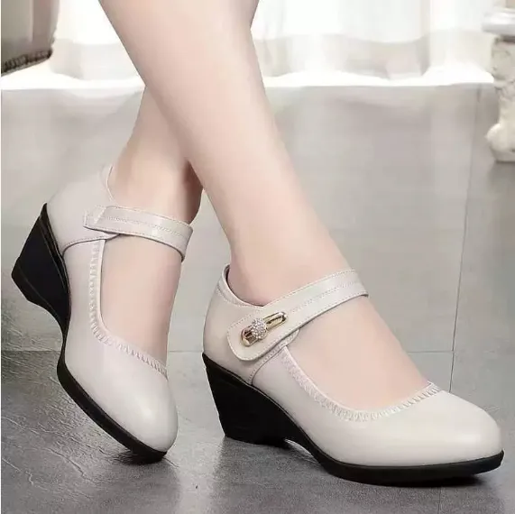 Soft Bottom Leather Shoes Non slip Wedge Middle aged And Elderly Pumps Beige - Shop at LoveMi