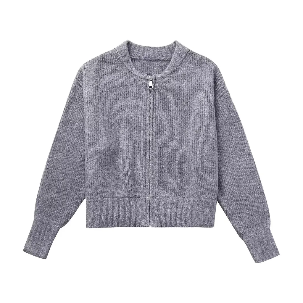 Zipper Knitted Bomber Jacket Sweater Coat - Grey