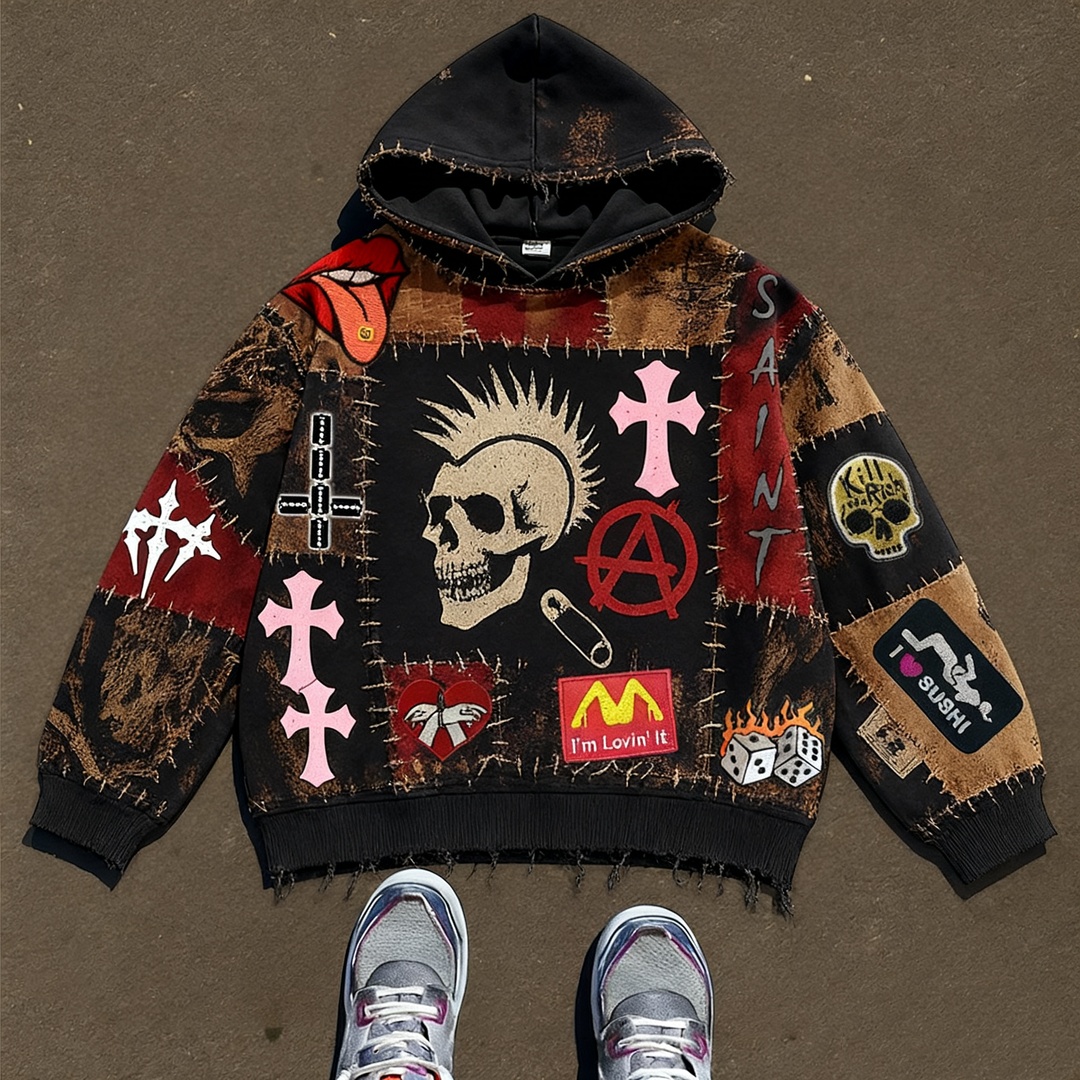 $15.32 Vintage Print Loose-fitting Hoodie Sweater