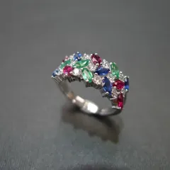 Colorful Horse Eye Zircon Three Rows Inlaid Personality Trendy Ladies Index Finger Ring - White Gold Color - View 1