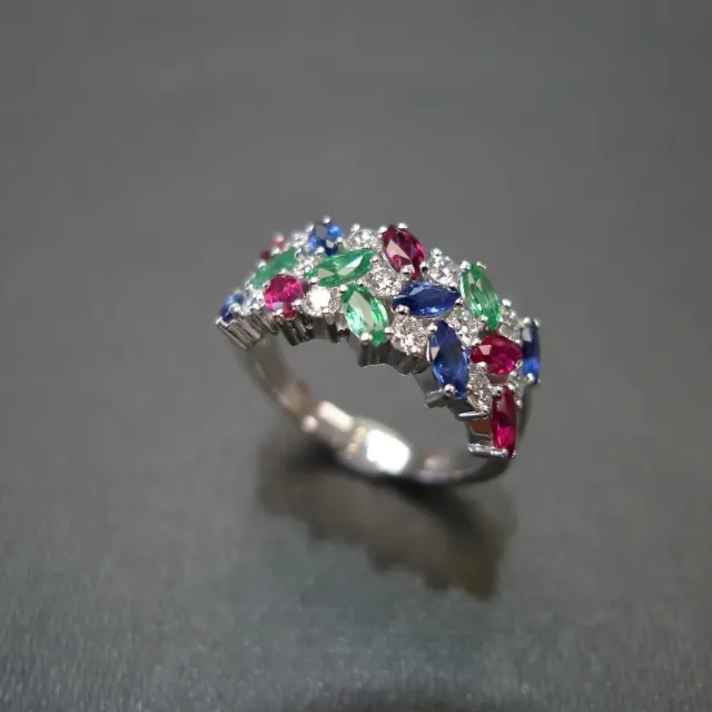 Colorful Horse Eye Zircon Three Rows Inlaid Personality Trendy Ladies Index Finger Ring White Gold Color - Shop at LoveMi