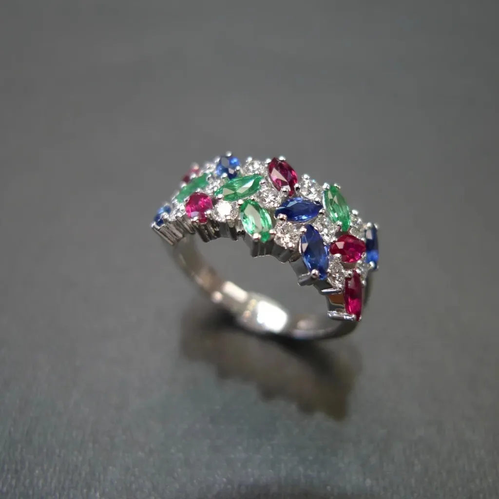 Colorful Horse Eye Zircon Three Rows Inlaid Personality Trendy Ladies Index Finger Ring - White Gold Color