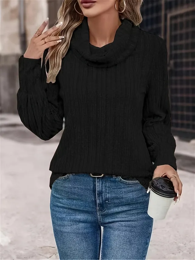 Casual Solid Color High Collar Warm Long Sleeve Black - Shop at LoveMi