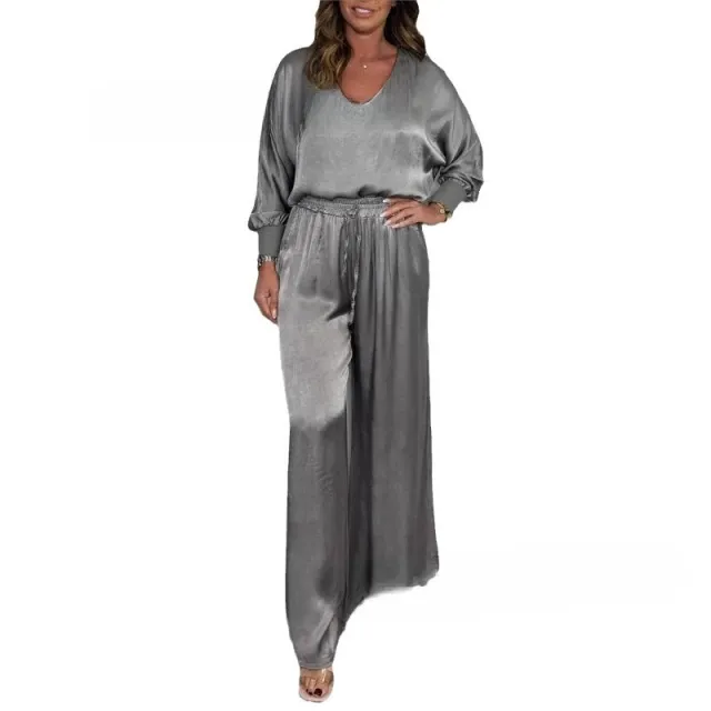 Fashion Women's Wear V neck Long Sleeve Top Wide Leg Pants Suit Gray - Shop at LoveMi