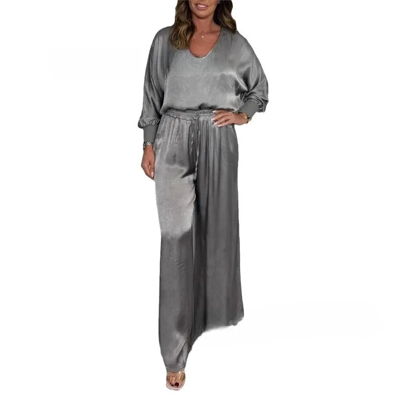 Fashion Women's Wear V-neck Long Sleeve Top Wide Leg Pants Suit - Gray
