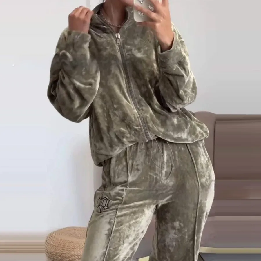 Fashionable New Women's Clothing Gold Velvet Hooded Top And Trousers Suit - Gold