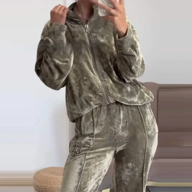 Fashionable New Women's Clothing Gold Velvet Hooded Top And Trousers Suit Gold - Shop at LoveMi