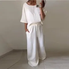 Casual Women's Round Neck Shirt With Half Sleeve Top Wide Leg Pants Suit - White - View 1