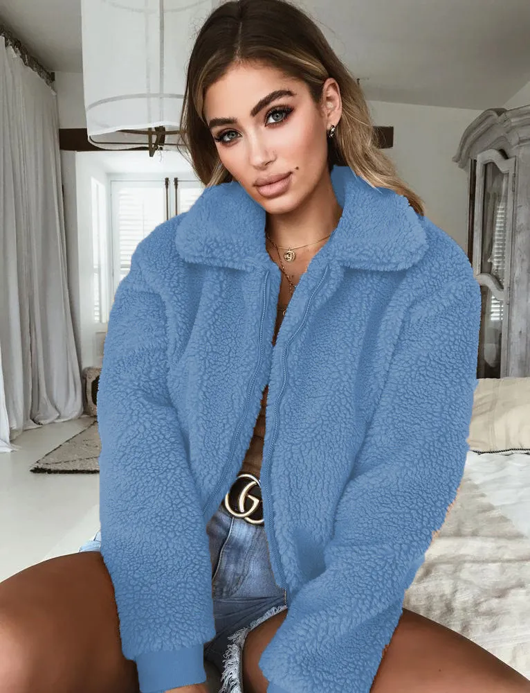 Winter Autumn Women Lapel Zipper Jacket Coat - Blue