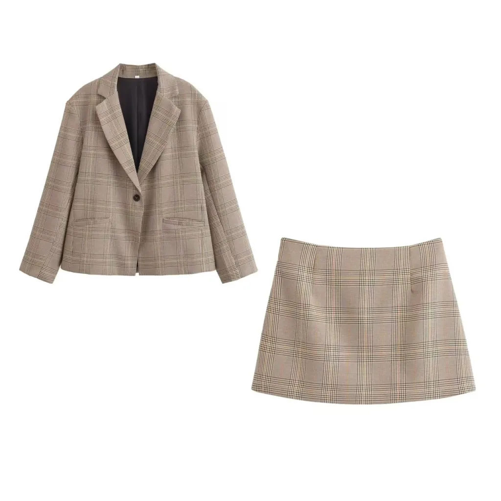 Autumn And Winter New Fashion Plaid Blazer Skirt Outfit - Suit-M