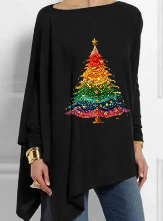 Colorful Christmas Tree Printed Mid-Length Irregular Women's Tops - Black
