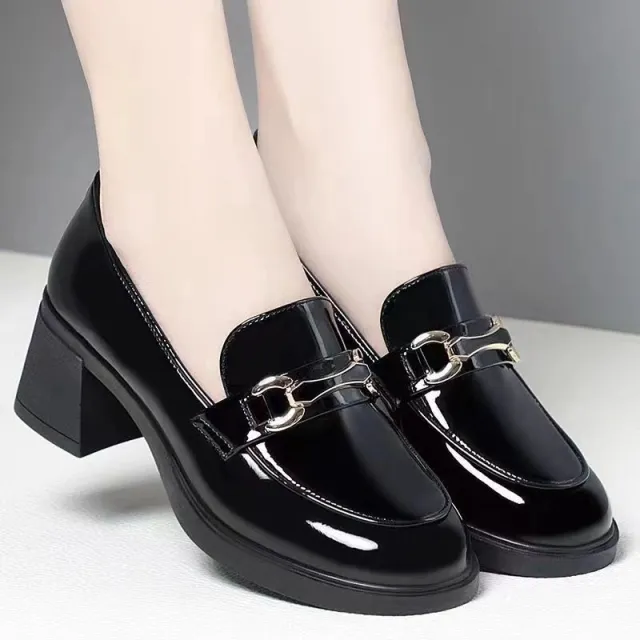 Dark Green Glossy Chunky Heel Metal Buckle Loafers For Women Black - Shop at LoveMi