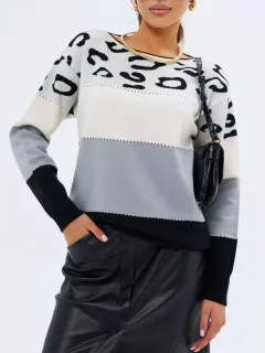 Women's Leopard Print Color-block Crew Neck Casual Sweater Long Sleeve Bottoming Shirt - Light Blue - View 1