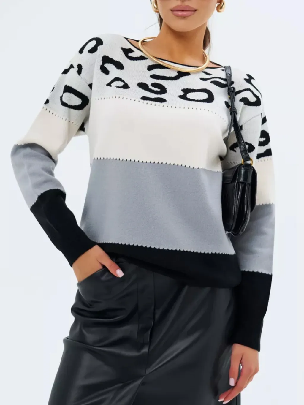 Women's Leopard Print Color-block Crew Neck Casual Sweater Long Sleeve Bottoming Shirt - Light Blue
