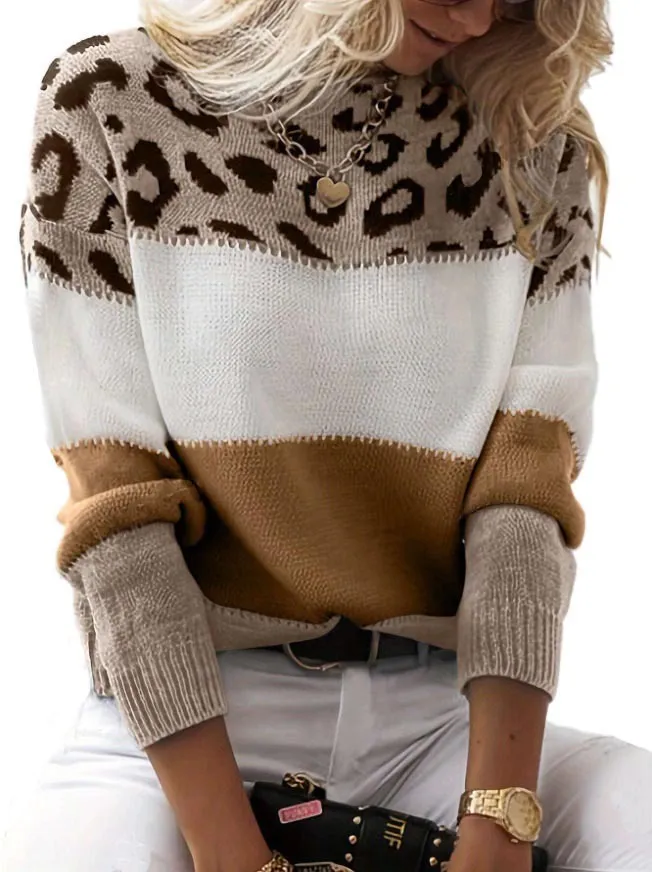 Women's Leopard Print Color-block Crew Neck Casual Sweater Long Sleeve Bottoming Shirt - Dark Brown