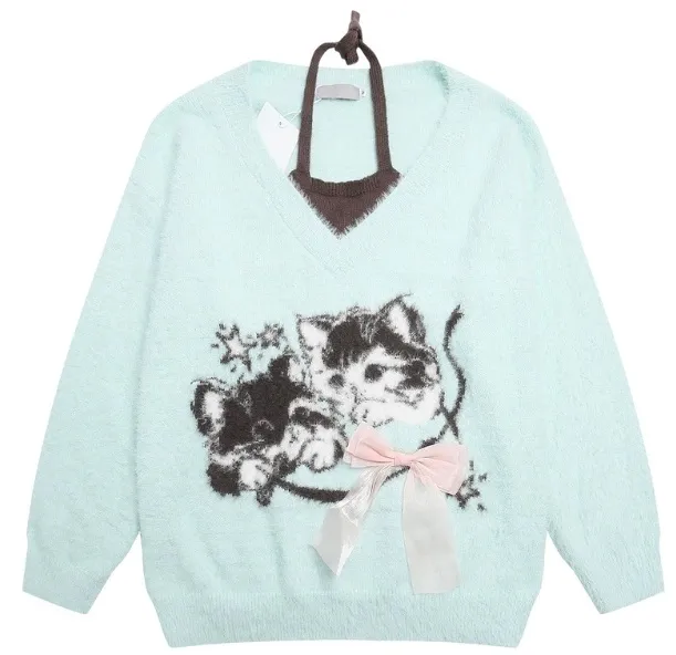 Polyester Women's Cute Cat Hair Fake Two Pieces Collar Sweater Blue - Shop at LoveMi