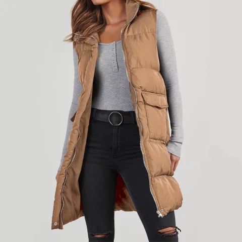 Polyester Hooded Single-breasted Mid-length Cotton Clothing Vest