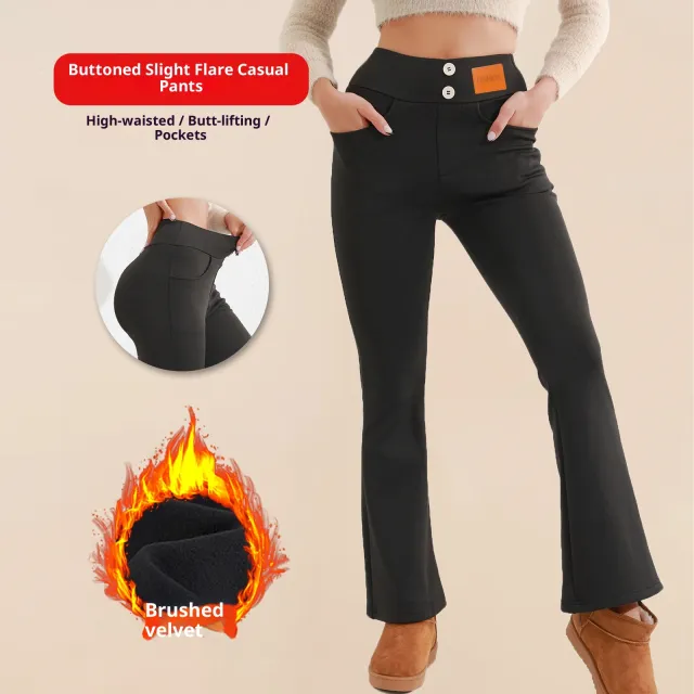 Brushed Casual High Waist Flattering Hip lifting Button Commuting Pants Black - Shop at LoveMi