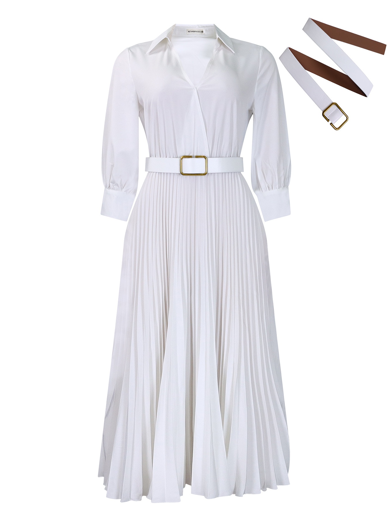 Autumn And Winter New Elegant Polo Collar Solid Color Large Swing Pleated Dress White Belt - Shop at LoveMi
