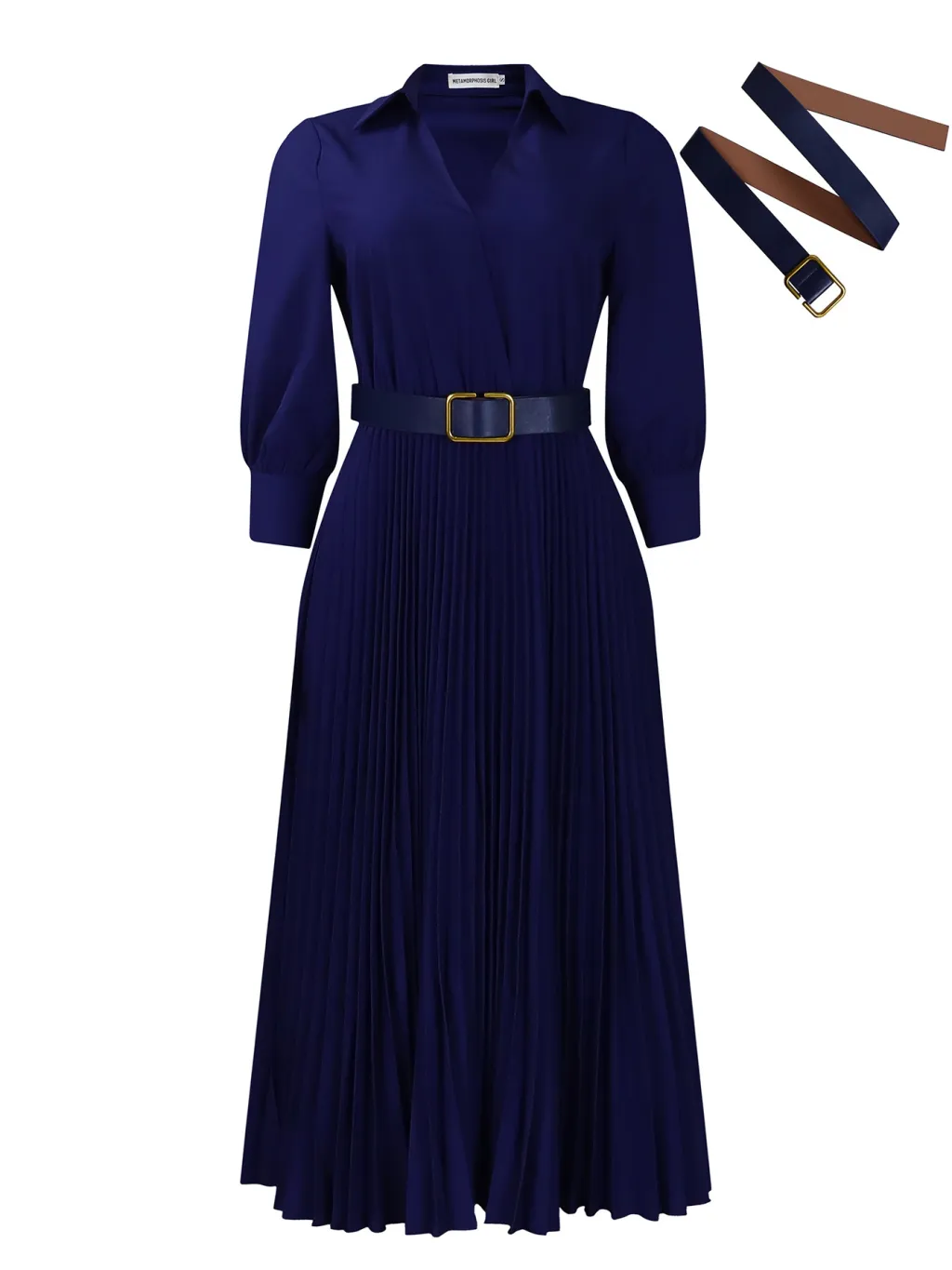 Autumn And Winter New Elegant Polo Collar Solid Colour Large Swing Pleated Dress - Dark Blue Belt