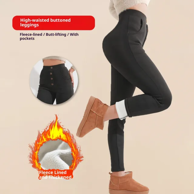 Women's Thick Leggings High Waist Button Casual Black - Shop at LoveMi