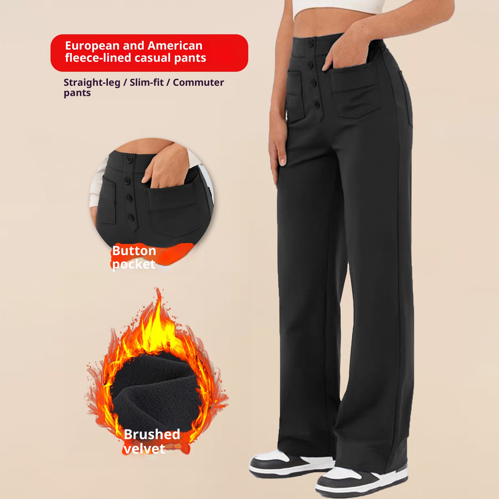 Fleece-lined Women's Pocket Brushed Outer Wear Stretch Commuter Straight Casual Pants