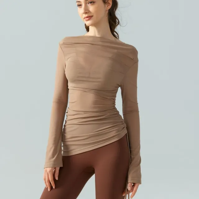 Irregular Yoga Blouse Women's Slim Fit Slimming Temperament Wild Cocoa Color S - Shop at LoveMi