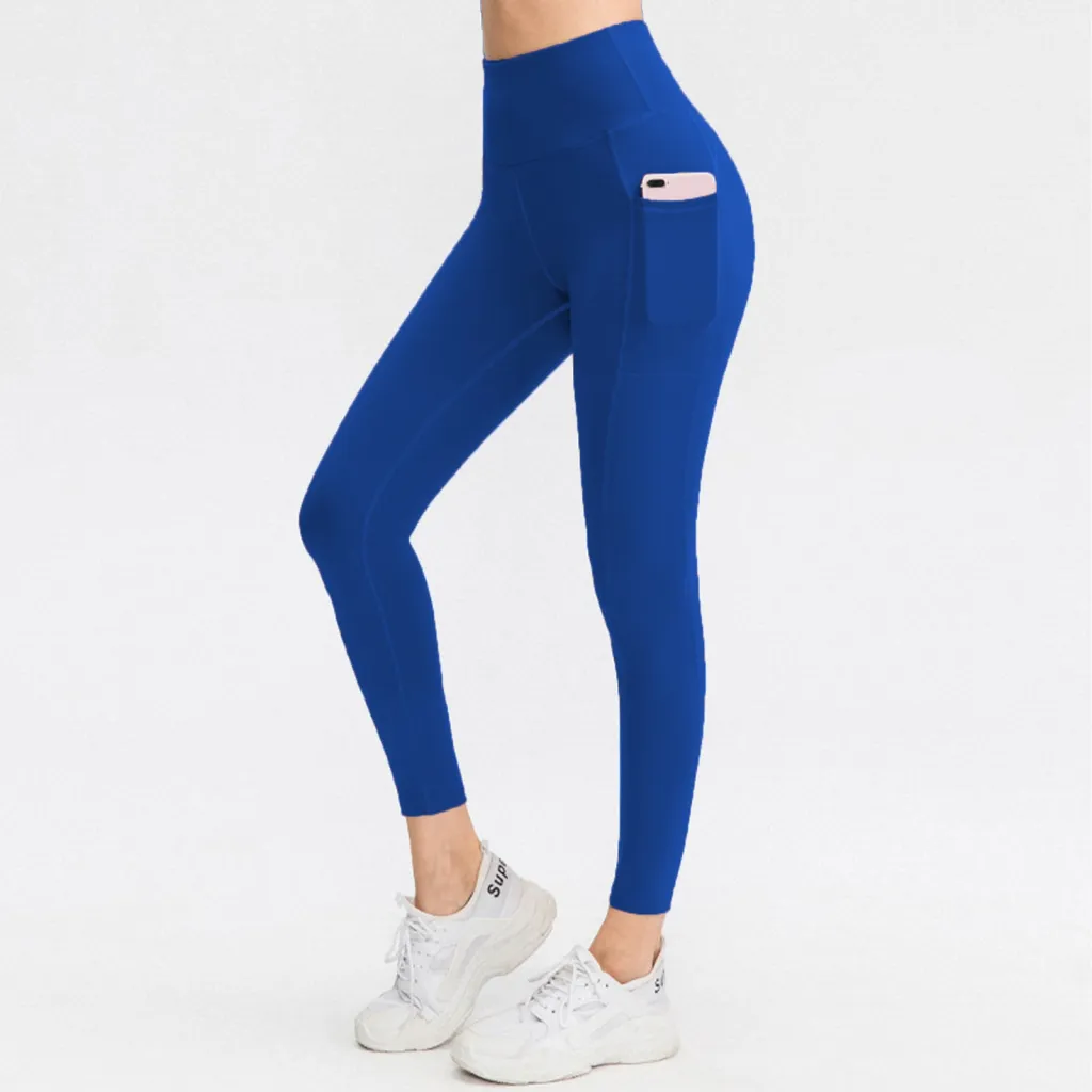 Brushed Side Pocket Yoga High Waist Belly Contracting Peach Hip Leggings - E2517 Blue With Velvet