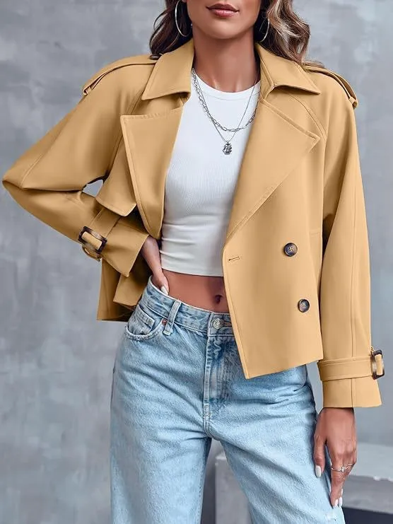 Women's Fashion Casual Short Double breasted Trench Coat Khaki A - Shop at LoveMi