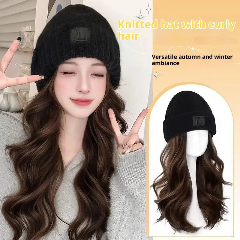 Hat Women's Big Head Small Integrated Fashion Big Wave Full-head Wig