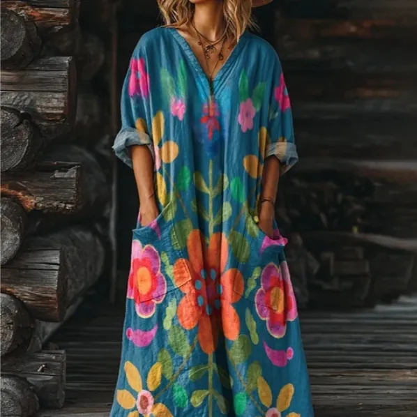 Women's Vintage Floral Art Pattern Print Pocket V neck Pocket Dress 12 Models - Shop at LoveMi
