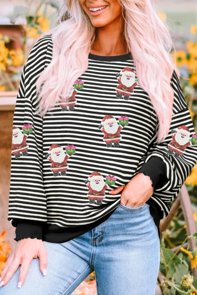 Striped Santa Claus Sequined Sweater For Women Black - Shop at LoveMi