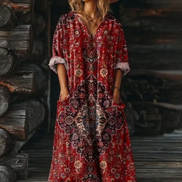 Women's Vintage Floral Art Pattern Print Pocket V neck Pocket Dress 5 Models - Shop at LoveMi