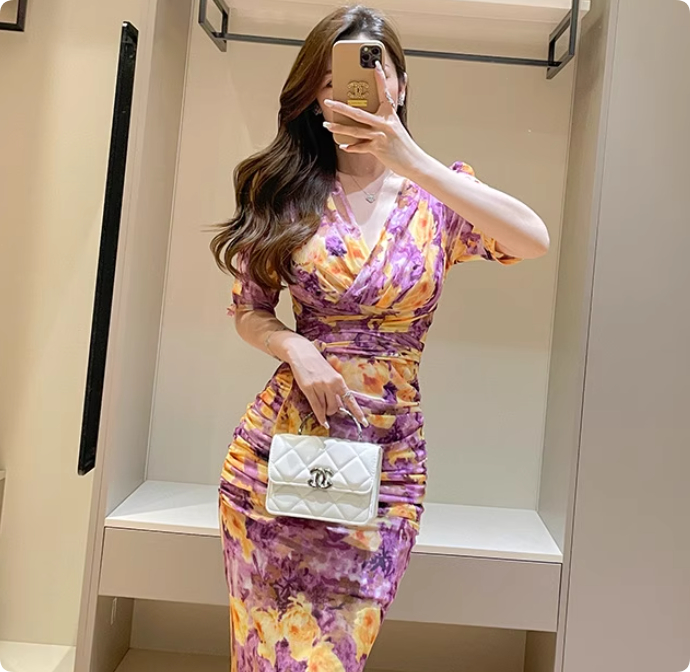 Oil Painting Rose Print Dress Summer Light Mature Style Mesh