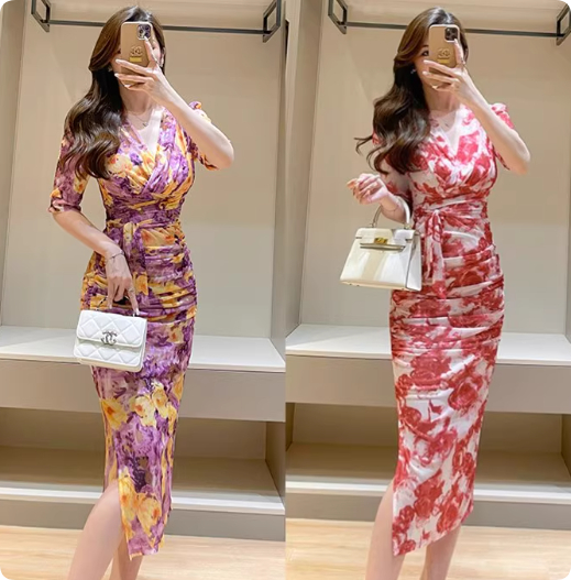 Oil Painting Rose Print Dress Summer Light Mature Style Mesh